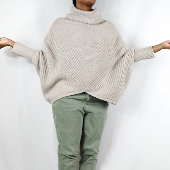 Chelsea & Theodore Ribbed Asymmetrical Cowl Neck Beige Sweater - Picture 2 of 12